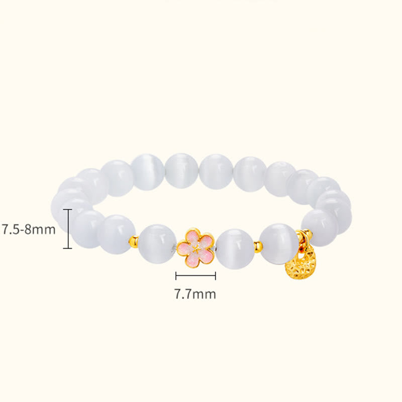 Bracciale Buddha Stones in argento sterling 925 con pietra naturale in fiore di pesco e occhio di gatto bianco positivo