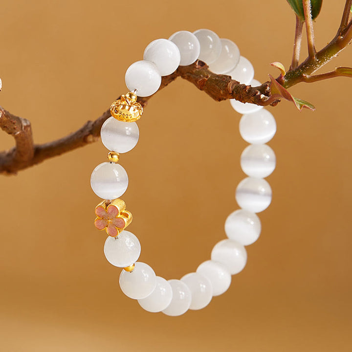 Bracciale Buddha Stones in argento sterling 925 con pietra naturale in fiore di pesco e occhio di gatto bianco positivo