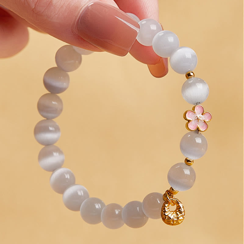 Bracciale Buddha Stones in argento sterling 925 con pietra naturale in fiore di pesco e occhio di gatto bianco positivo