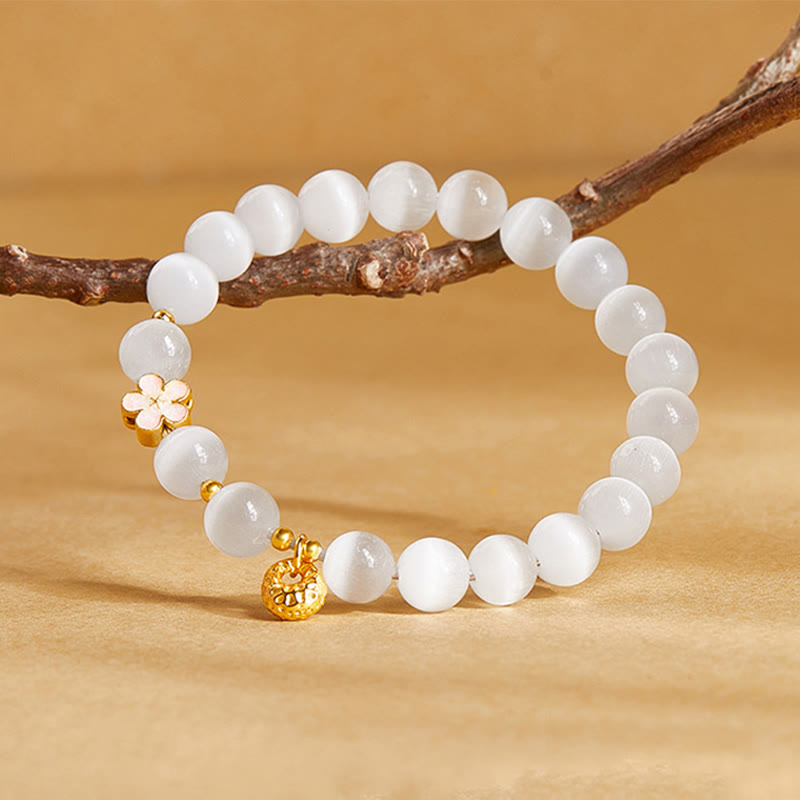 Bracciale Buddha Stones in argento sterling 925 con pietra naturale in fiore di pesco e occhio di gatto bianco positivo