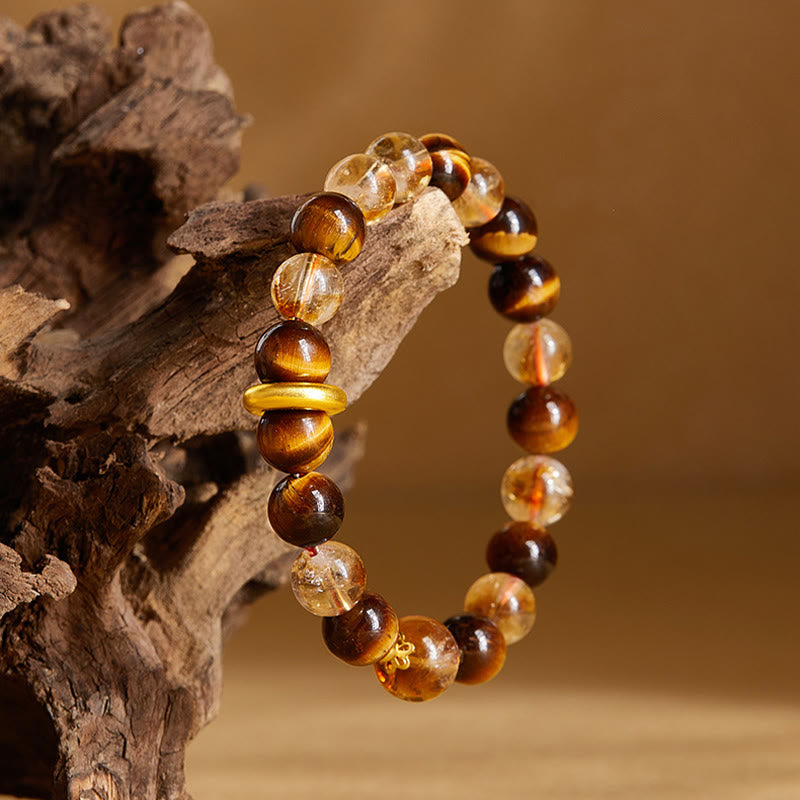 Bracciale di protezione con fibbia della pace in argento sterling 999 con citrino naturale e occhio di tigre Buddha Stones