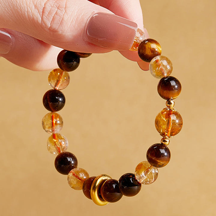 Bracciale di protezione con fibbia della pace in argento sterling 999 con citrino naturale e occhio di tigre Buddha Stones