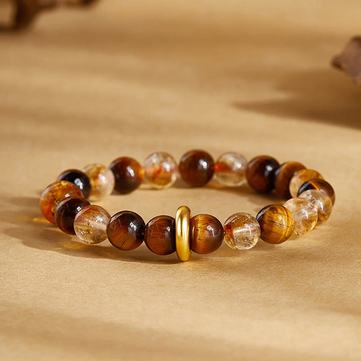 Bracciale di protezione con fibbia della pace in argento sterling 999 con citrino naturale e occhio di tigre Buddha Stones