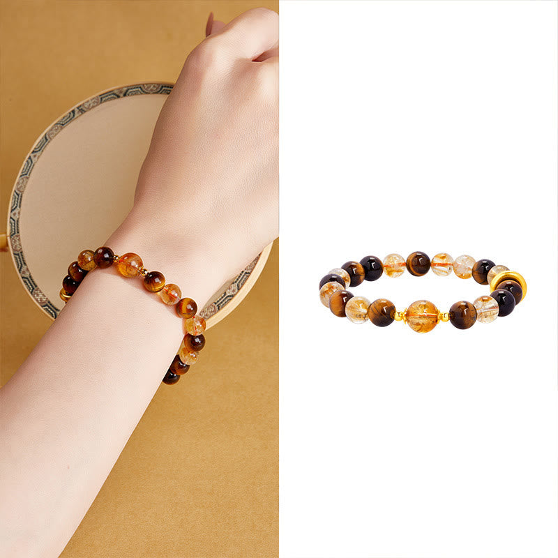 Bracciale di protezione con fibbia della pace in argento sterling 999 con citrino naturale e occhio di tigre Buddha Stones