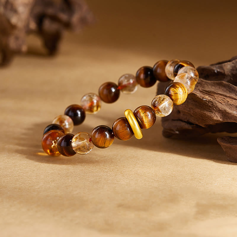 Bracciale di protezione con fibbia della pace in argento sterling 999 con citrino naturale e occhio di tigre Buddha Stones