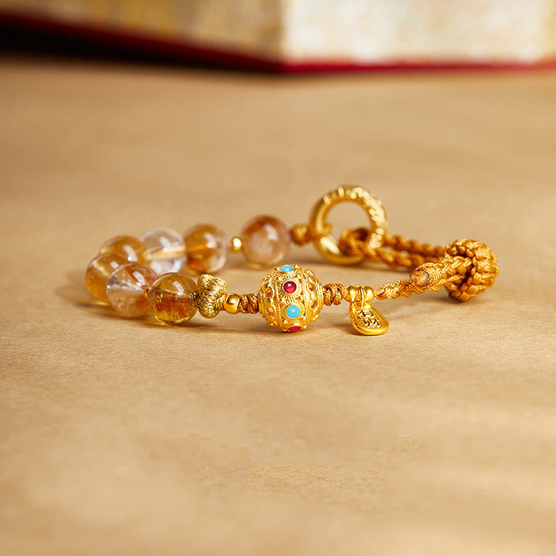 Bracciale con corda intrecciata in argento Buddha Stones 925, citrino naturale, cristallo bianco, fibbia della pace, significato del carattere Fu, protezione - Citrino (circonferenza del polso: 14-18 cm) - image 0