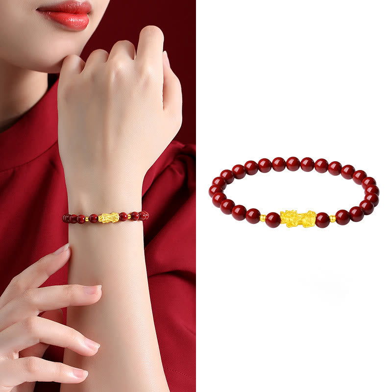 Bracciale Buddha Stones 999 Oro 5D Oro Duro Cinabro PiXiu Calm