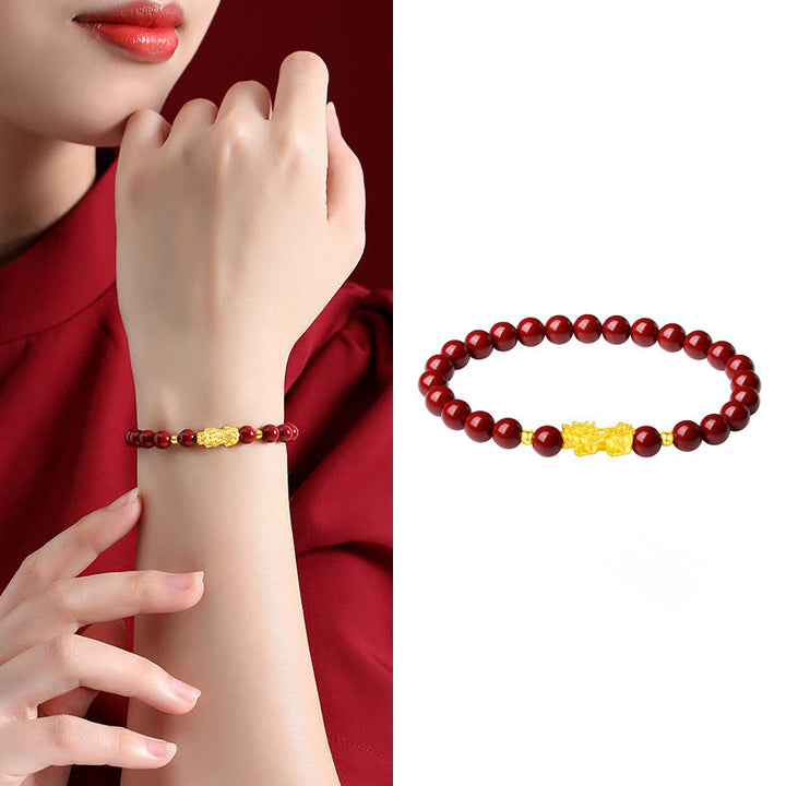 Bracciale Buddha Stones 999 Oro 5D Oro Duro Cinabro PiXiu Calm
