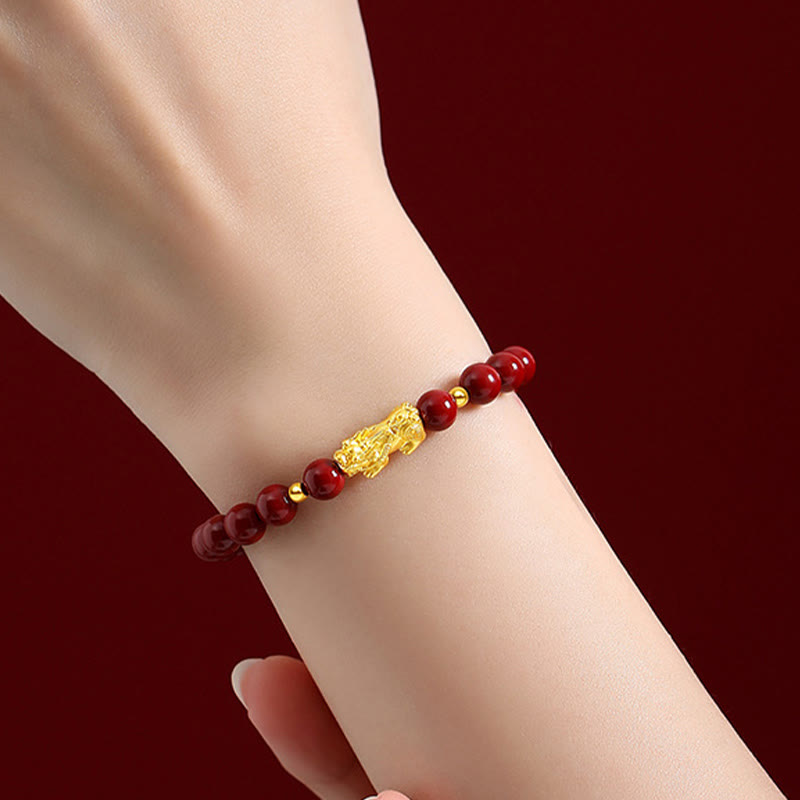 Bracciale Buddha Stones 999 Oro 5D Oro Duro Cinabro PiXiu Calm