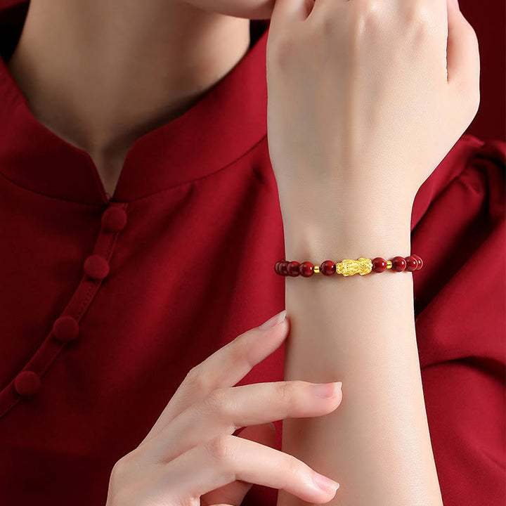 Bracciale Buddha Stones 999 Oro 5D Oro Duro Cinabro PiXiu Calm