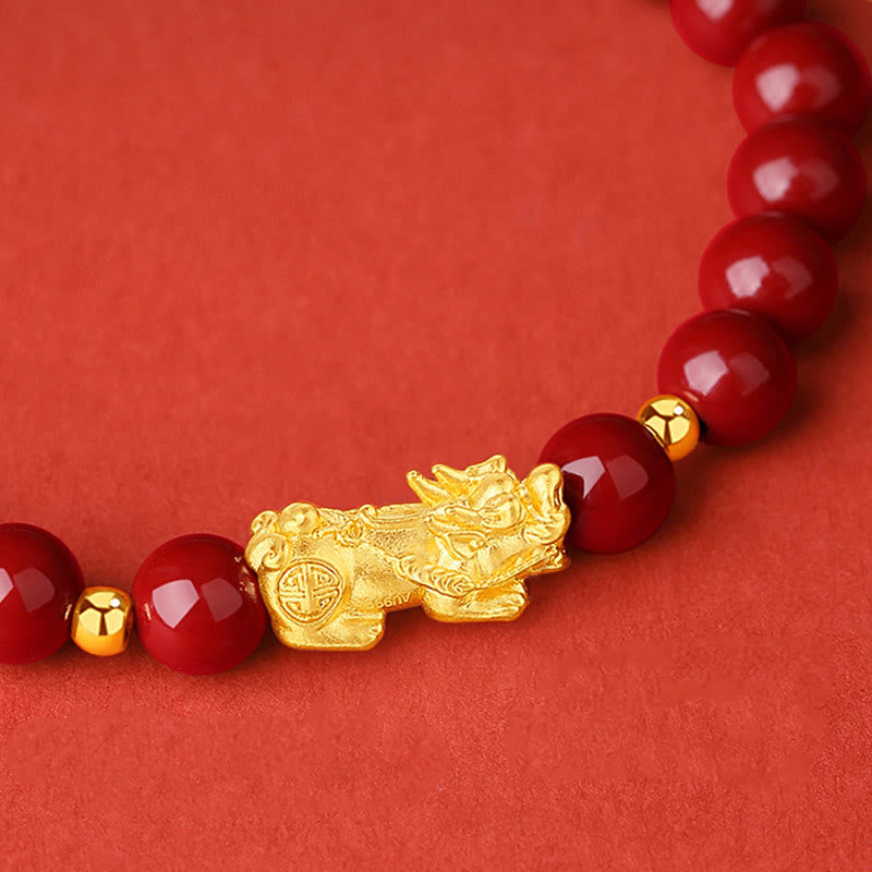 Bracciale Buddha Stones 999 Oro 5D Oro Duro Cinabro PiXiu Calm