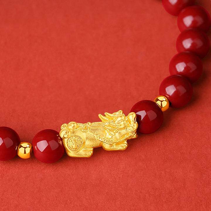 Bracciale Buddha Stones 999 Oro 5D Oro Duro Cinabro PiXiu Calm