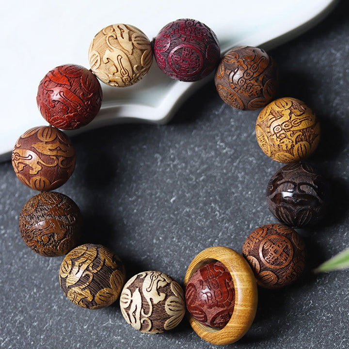 Braccialetto curativo Buddha Stones intagliate in legno di sandalo, zodiaco cinese, drago di buon auspicio, fenice, carattere Fu