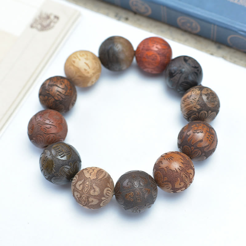 Braccialetto curativo Buddha Stones intagliate in legno di sandalo, zodiaco cinese, drago di buon auspicio, fenice, carattere Fu