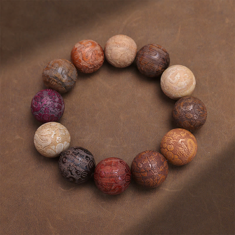 Braccialetto curativo Buddha Stones intagliate in legno di sandalo, zodiaco cinese, drago di buon auspicio, fenice, carattere Fu