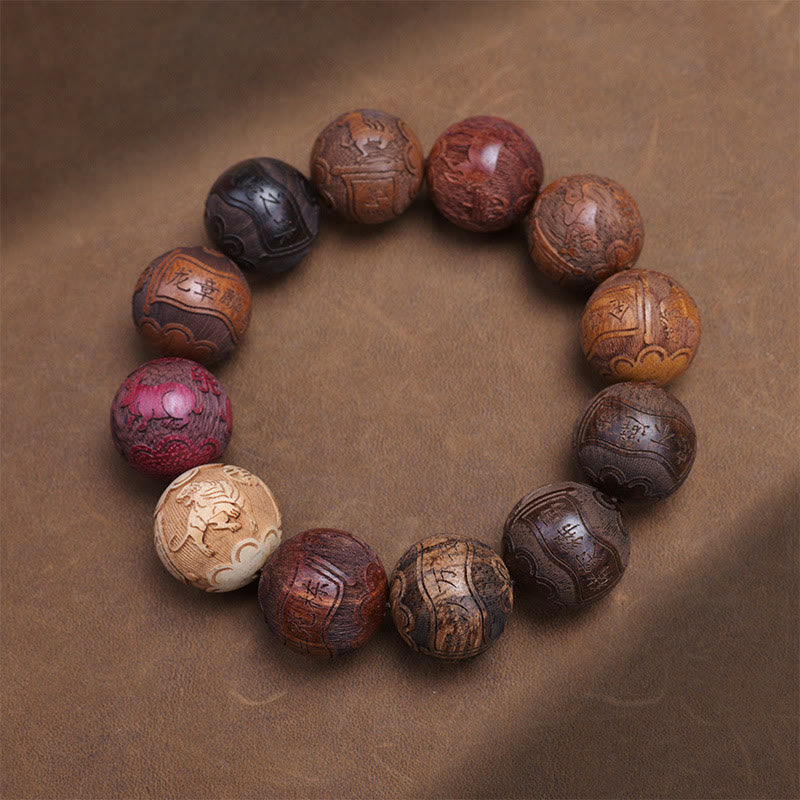 Braccialetto curativo Buddha Stones intagliate in legno di sandalo, zodiaco cinese, drago di buon auspicio, fenice, carattere Fu