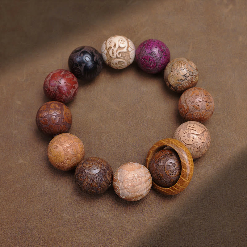 Braccialetto curativo Buddha Stones intagliate in legno di sandalo, zodiaco cinese, drago di buon auspicio, fenice, carattere Fu
