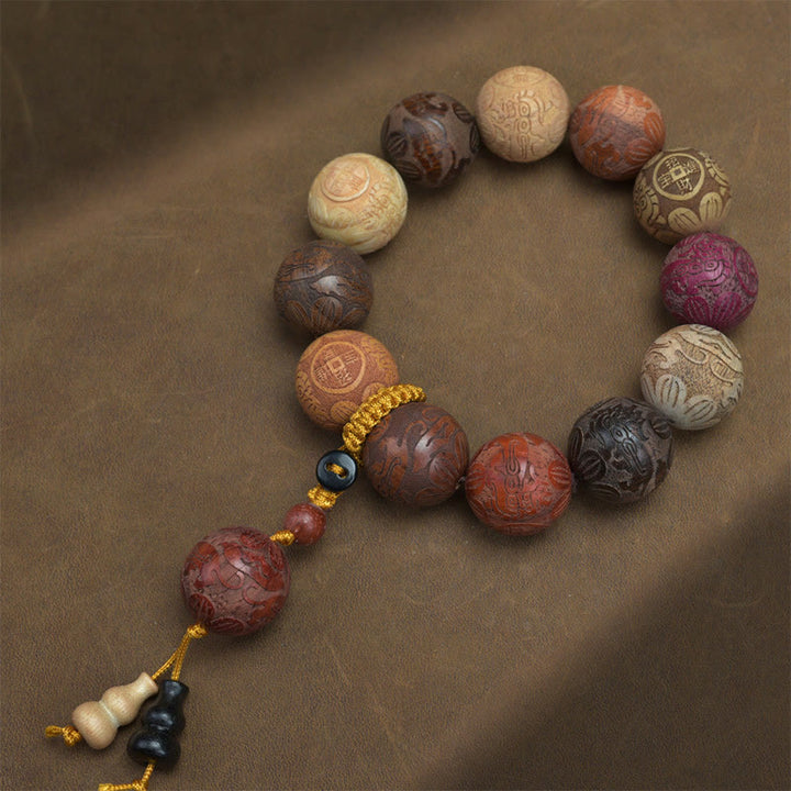 Braccialetto curativo Buddha Stones intagliate in legno di sandalo, zodiaco cinese, drago di buon auspicio, fenice, carattere Fu