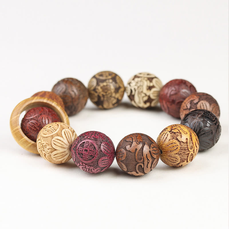 Braccialetto curativo Buddha Stones intagliate in legno di sandalo, zodiaco cinese, drago di buon auspicio, fenice, carattere Fu