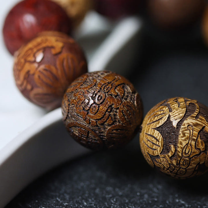 Braccialetto curativo Buddha Stones intagliate in legno di sandalo, zodiaco cinese, drago di buon auspicio, fenice, carattere Fu