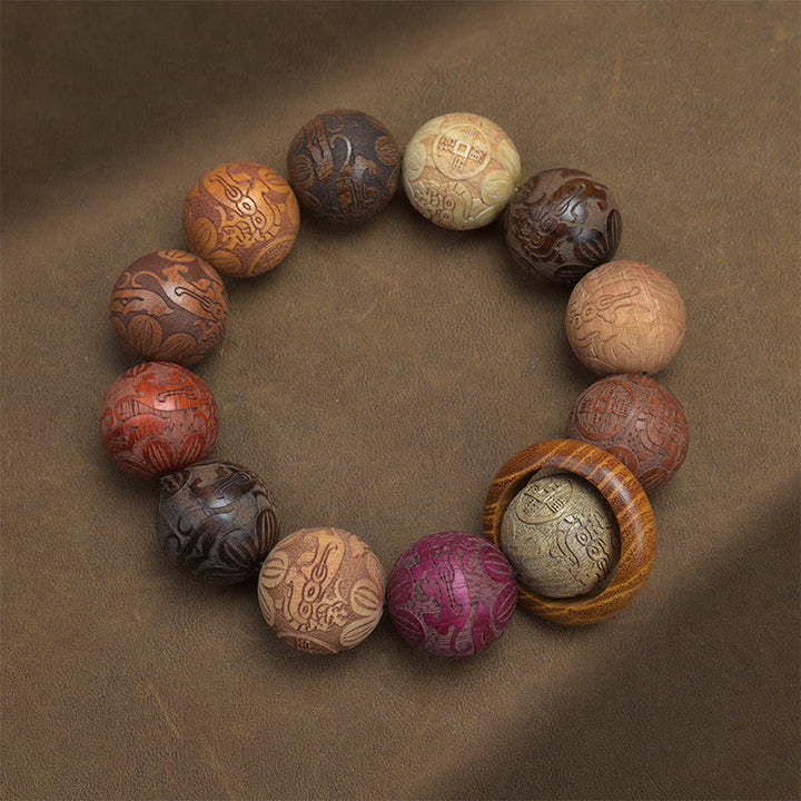 Braccialetto curativo Buddha Stones intagliate in legno di sandalo, zodiaco cinese, drago di buon auspicio, fenice, carattere Fu