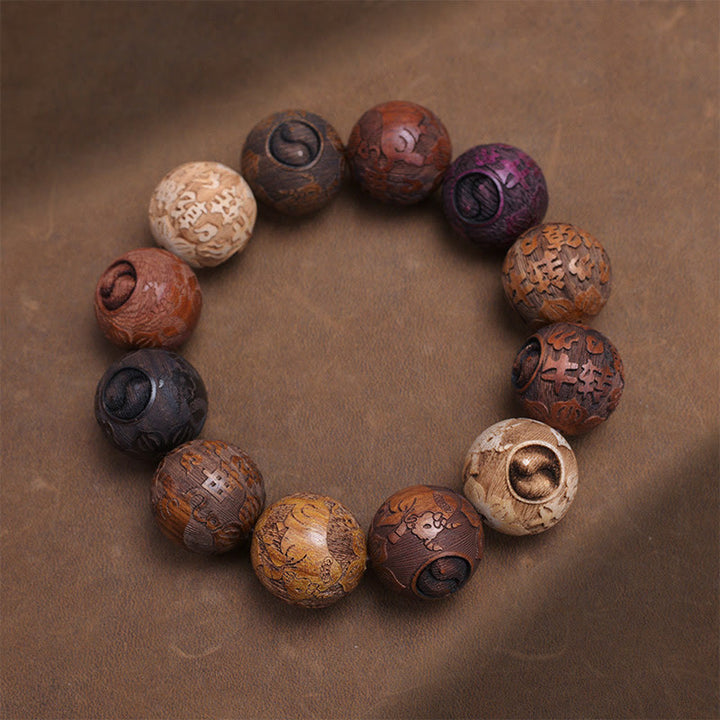 Braccialetto curativo Buddha Stones intagliate in legno di sandalo, zodiaco cinese, drago di buon auspicio, fenice, carattere Fu