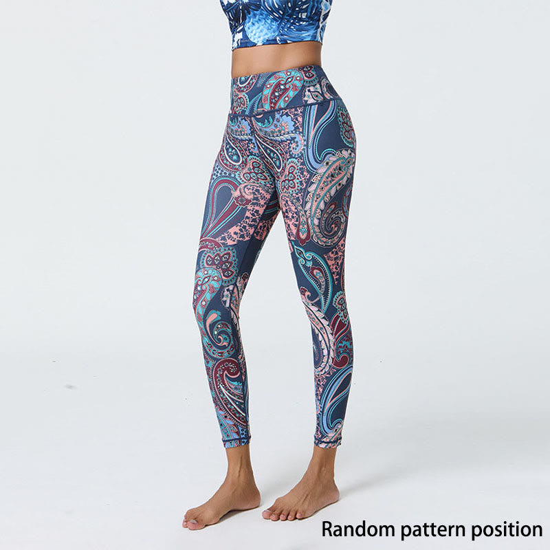 Buddha Stones Fiori Piume Sole Luna Stampa Sport Fitness Yoga Vita Alta Leggings Pantaloni Donna