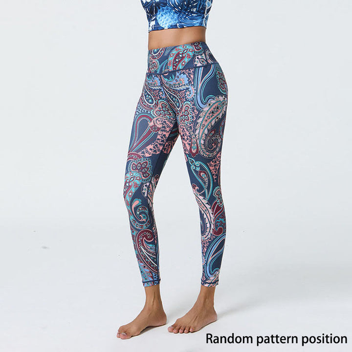 Buddha Stones Fiori Piume Sole Luna Stampa Sport Fitness Yoga Vita Alta Leggings Pantaloni Donna