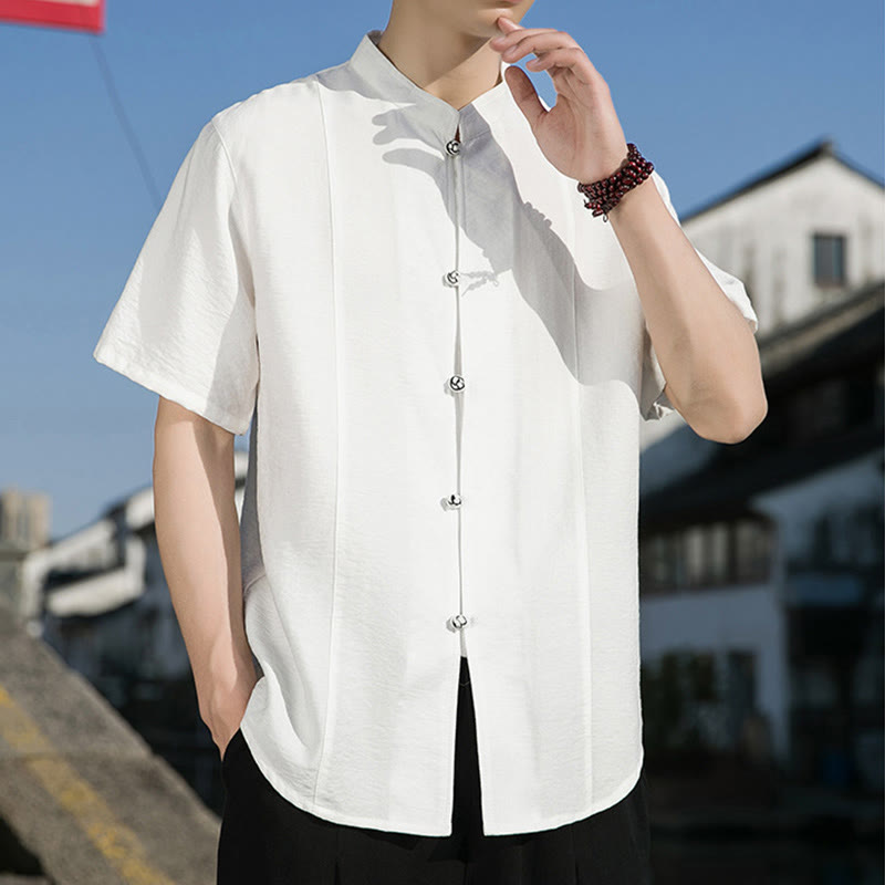 Camicia da uomo in cotone a mezza manica con bottoni frontali, tinta unita, estate, motivo Buddha Stones