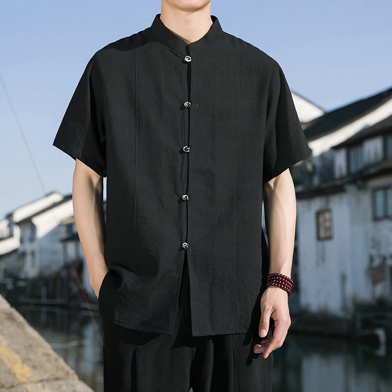 Camicia da uomo in cotone a mezza manica con bottoni frontali, tinta unita, estate, motivo Buddha Stones
