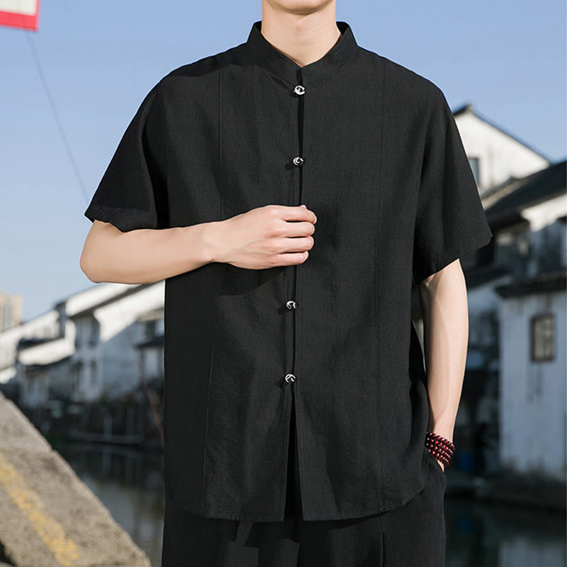Camicia da uomo in cotone a mezza manica con bottoni frontali, tinta unita, estate, motivo Buddha Stones
