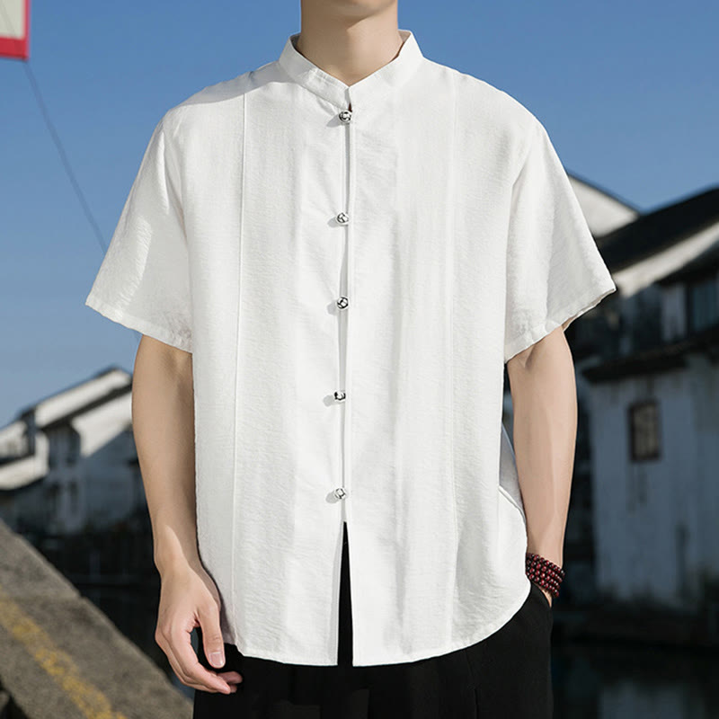 Camicia da uomo in cotone a mezza manica con bottoni frontali, tinta unita, estate, motivo Buddha Stones