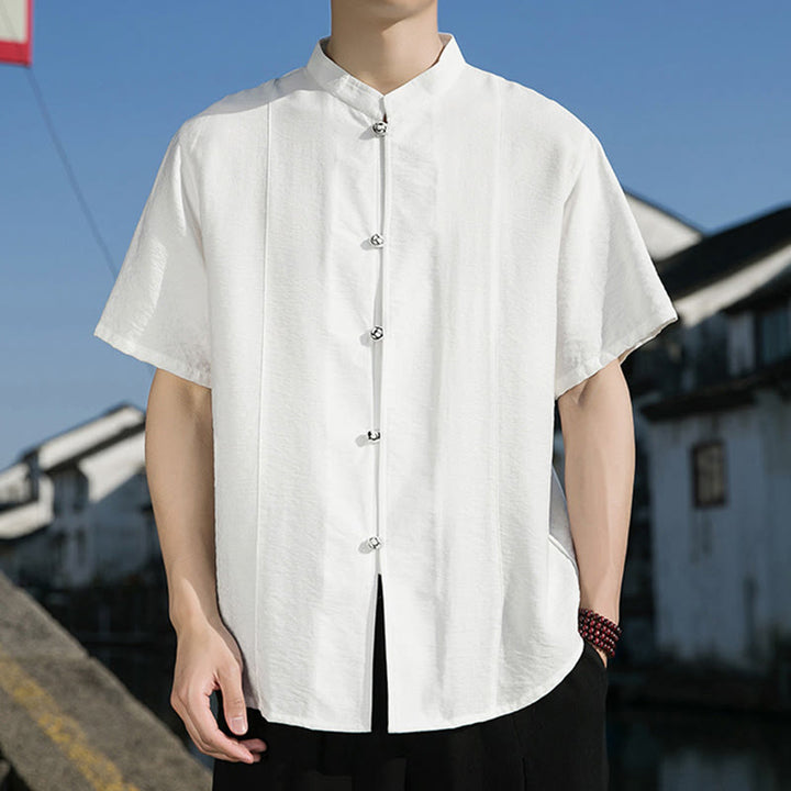 Camicia da uomo in cotone a mezza manica con bottoni frontali, tinta unita, estate, motivo Buddha Stones