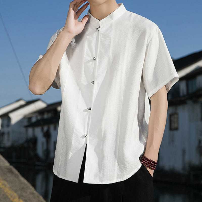 Camicia da uomo in cotone a mezza manica con bottoni frontali, tinta unita, estate, motivo Buddha Stones