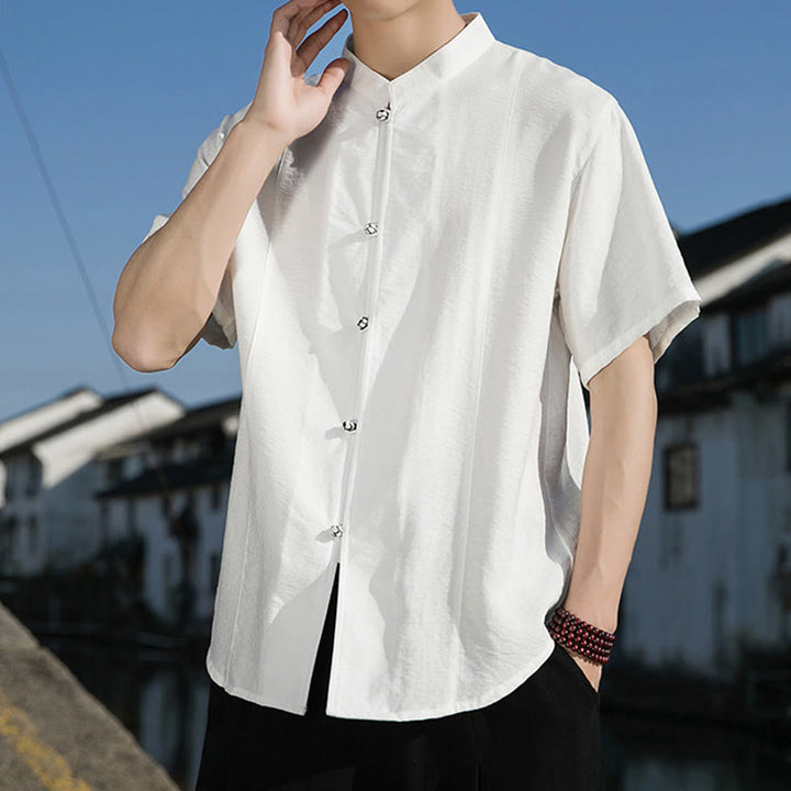 Camicia da uomo in cotone a mezza manica con bottoni frontali, tinta unita, estate, motivo Buddha Stones