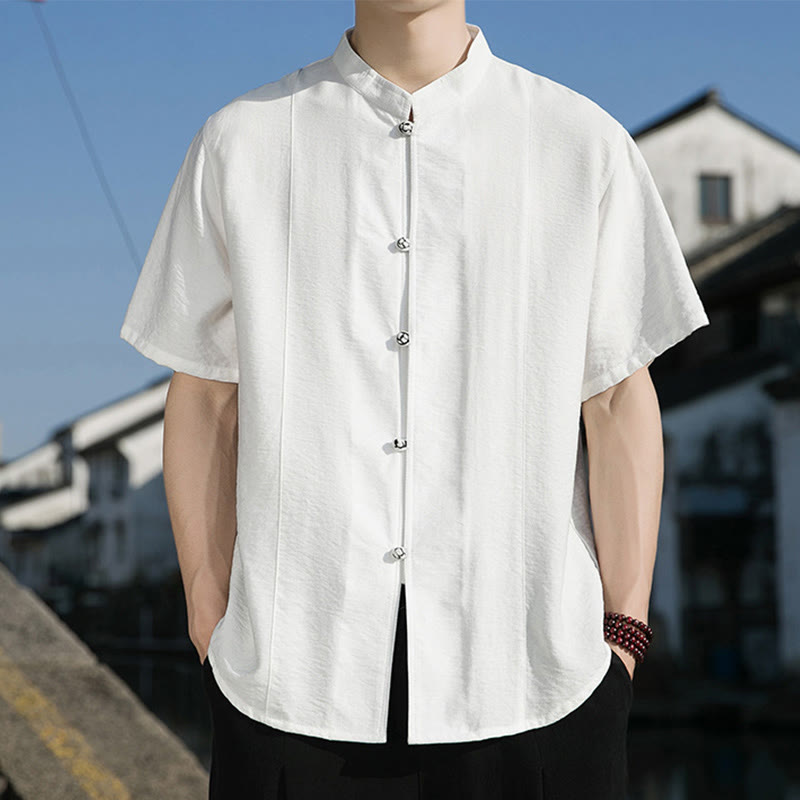Camicia da uomo in cotone a mezza manica con bottoni frontali, tinta unita, estate, motivo Buddha Stones