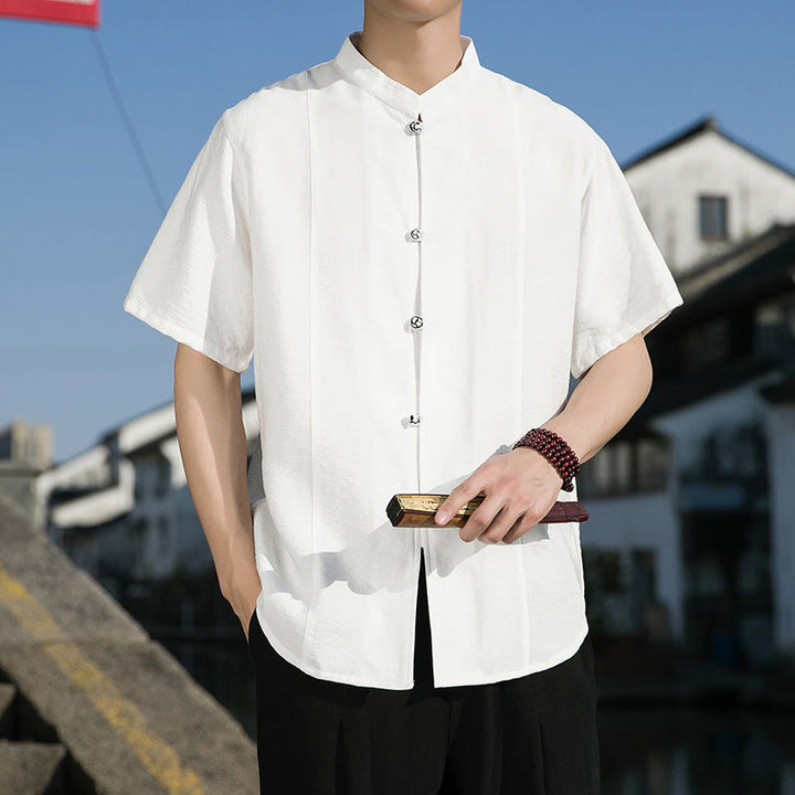 Camicia da uomo in cotone a mezza manica con bottoni frontali, tinta unita, estate, motivo Buddha Stones