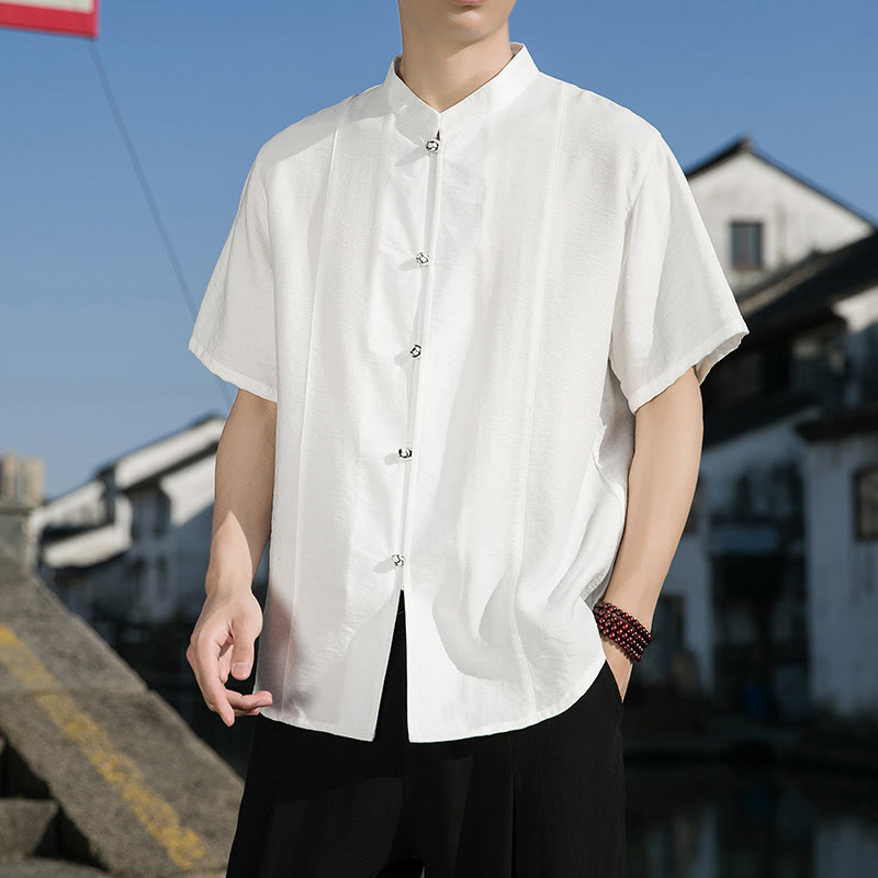 Camicia da uomo in cotone a mezza manica con bottoni frontali, tinta unita, estate, motivo Buddha Stones