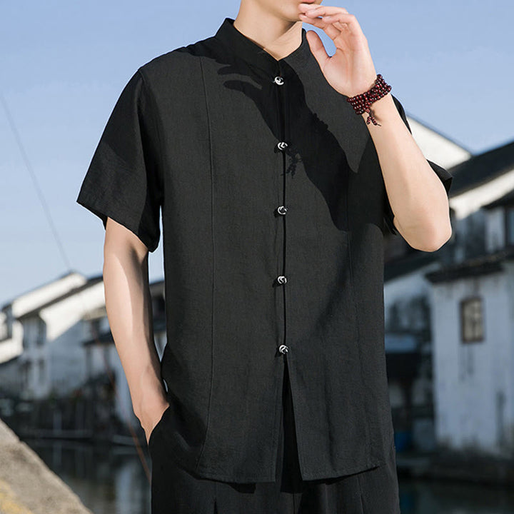 Camicia da uomo in cotone a mezza manica con bottoni frontali, tinta unita, estate, motivo Buddha Stones