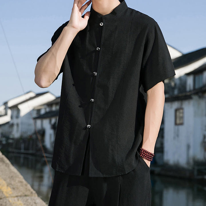 Camicia da uomo in cotone a mezza manica con bottoni frontali, tinta unita, estate, motivo Buddha Stones
