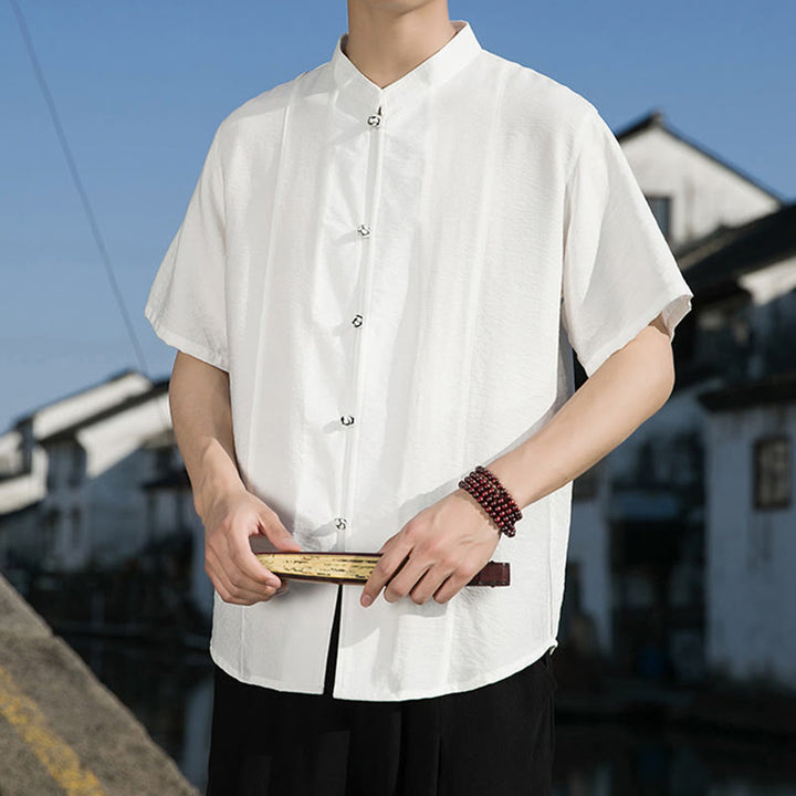 Camicia da uomo in cotone a mezza manica con bottoni frontali, tinta unita, estate, motivo Buddha Stones