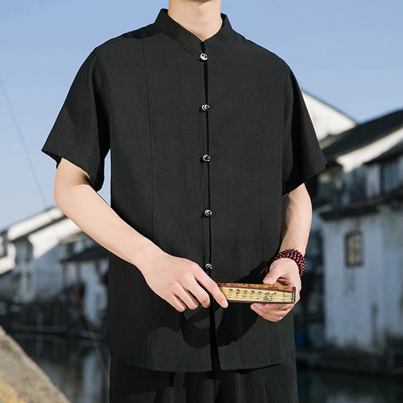 Camicia da uomo in cotone a mezza manica con bottoni frontali, tinta unita, estate, motivo Buddha Stones