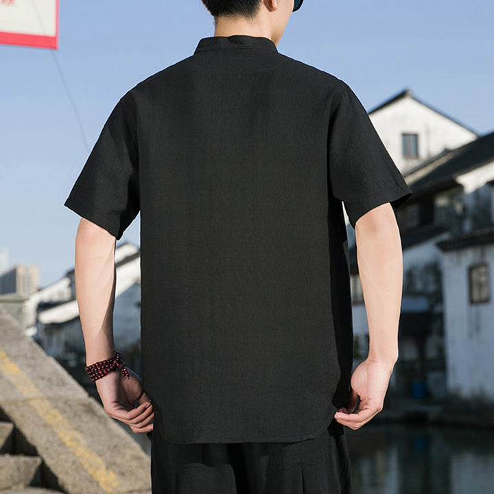 Camicia da uomo in cotone a mezza manica con bottoni frontali, tinta unita, estate, motivo Buddha Stones