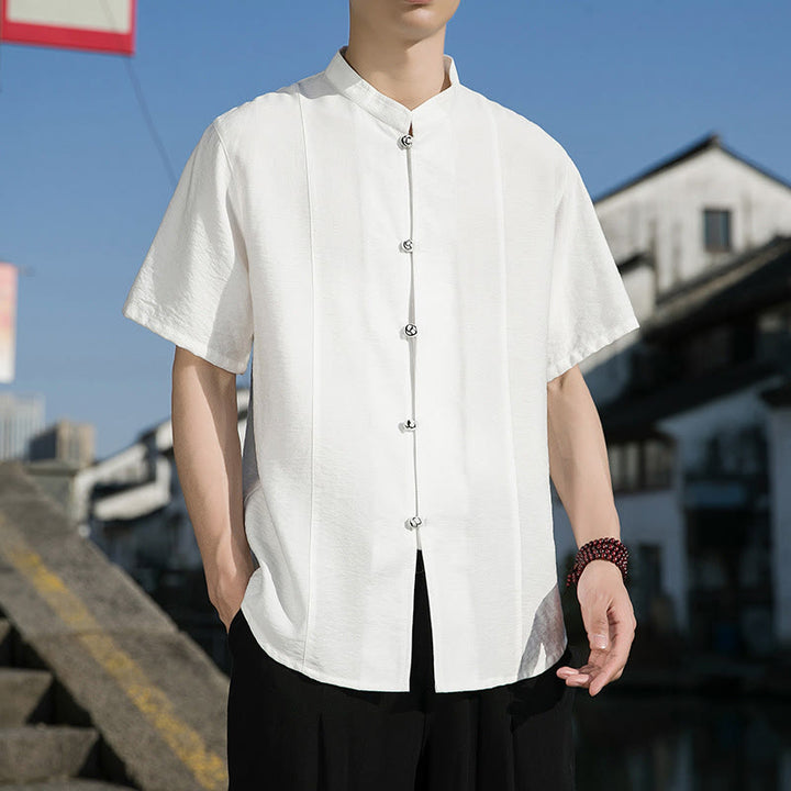 Camicia da uomo in cotone a mezza manica con bottoni frontali, tinta unita, estate, motivo Buddha Stones