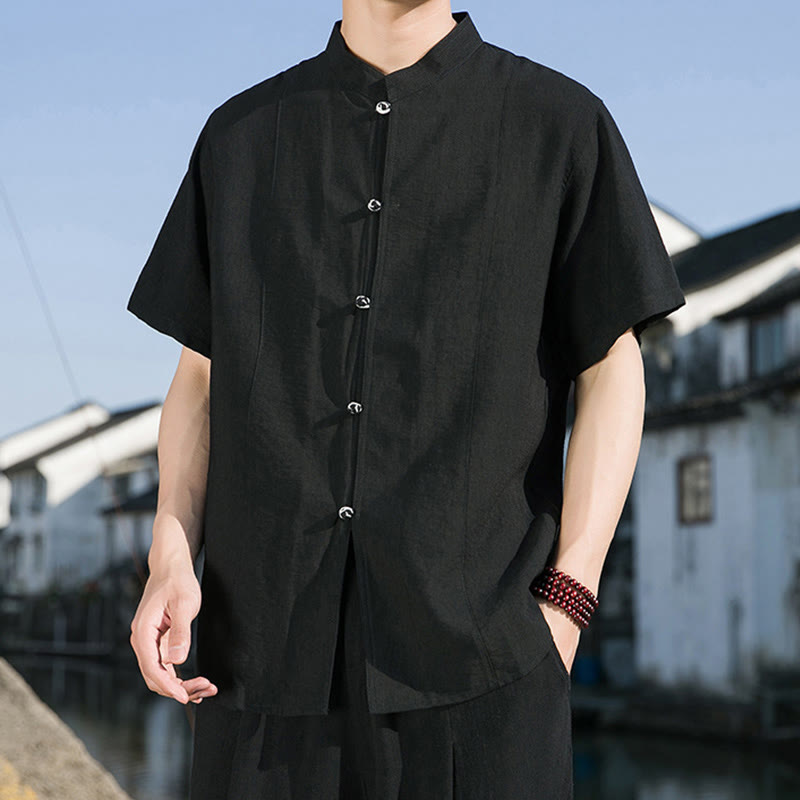 Camicia da uomo in cotone a mezza manica con bottoni frontali, tinta unita, estate, motivo Buddha Stones