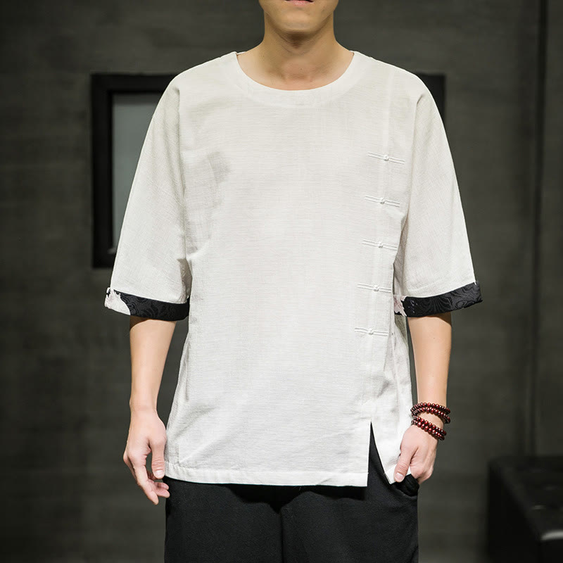 T-shirt da uomo in cotone e lino con maniche a tre quarti, stile retrò estivo, motivo patchwork, motivo Buddha Stones