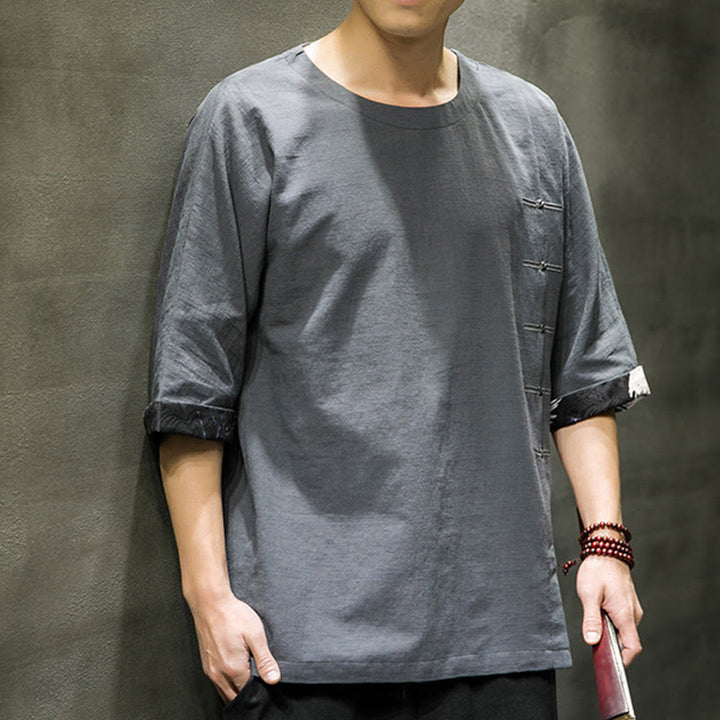 T-shirt da uomo in cotone e lino con maniche a tre quarti, stile retrò estivo, motivo patchwork, motivo Buddha Stones