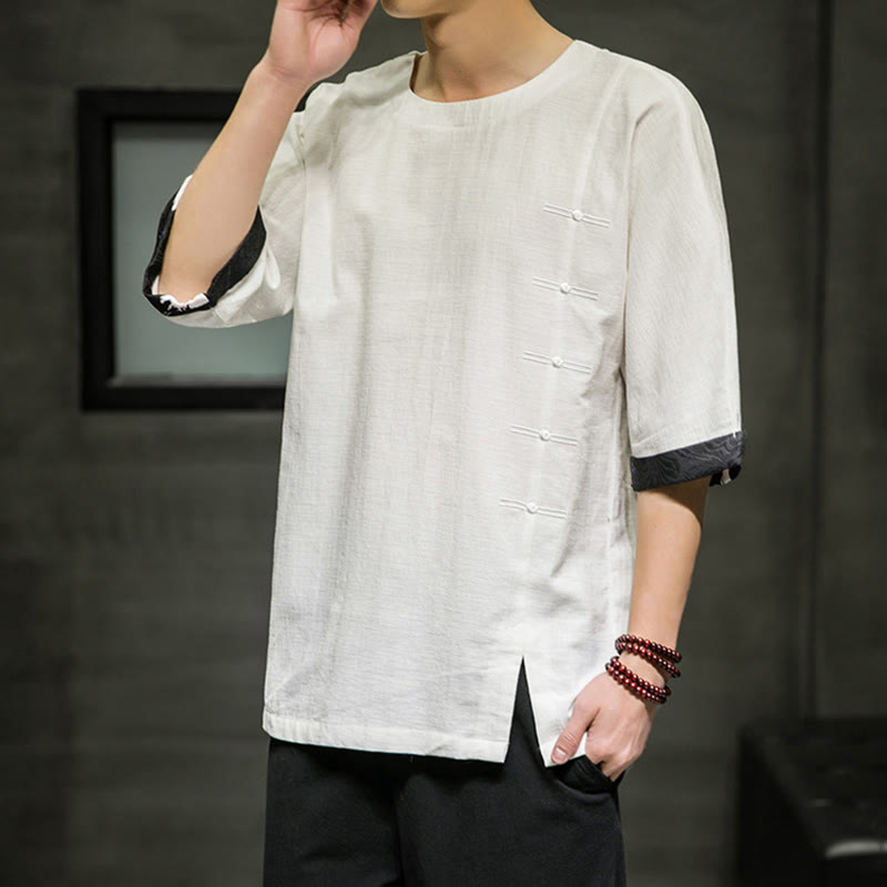 T-shirt da uomo in cotone e lino con maniche a tre quarti, stile retrò estivo, motivo patchwork, motivo Buddha Stones