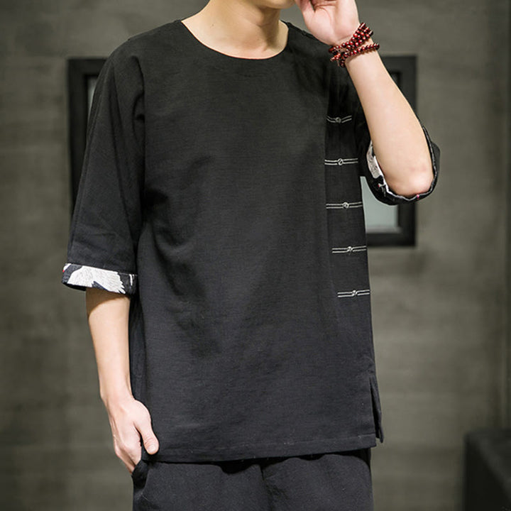 T-shirt da uomo in cotone e lino con maniche a tre quarti, stile retrò estivo, motivo patchwork, motivo Buddha Stones