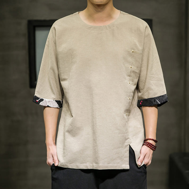 T-shirt da uomo in cotone e lino con maniche a tre quarti, stile retrò estivo, motivo patchwork, motivo Buddha Stones